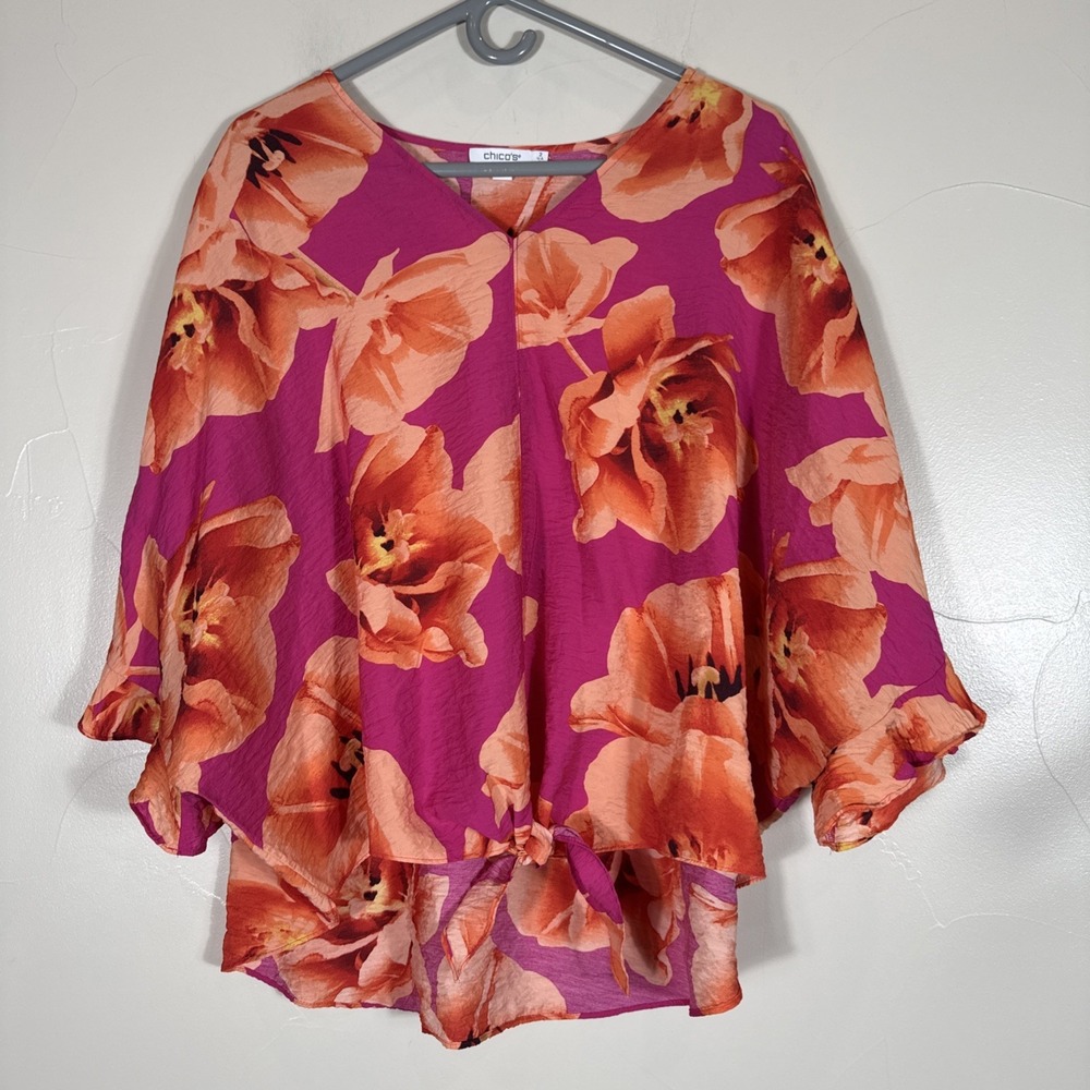 Chico's Tie-Front Top Blouse Pink And Orange Floral Women's‎ Size 2